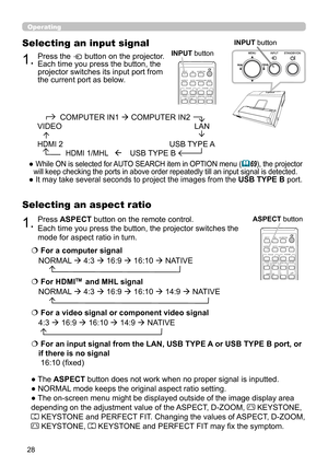 Page 2828
Operating
1.Press ASPECT button on the remote control.   
Each time you press the button, the projector switches the 
mode for aspect ratio in turn. 
Selecting an aspect ratio
● The ASPECT button does not work when no proper signal is inputted.
● NORMAL mode keeps the original aspect ratio setting.
● The on-screen menu might be displayed outside of the image display area 
depending on the adjustment value of the ASPECT, D-ZOOM, 
 KEYSTONE, 
 KEYSTONE and PERFECT FIT. Changing the values of ASPECT,...