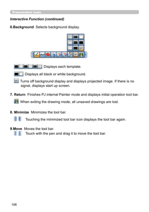 Page 106106
Presentation tools
Interactive Function (continued)
6.Background  Selects background display.
  Displays each template.
   Displays all black or white background.
   Turns off background display and displays projected image. If there is no  
   signal, displays start up screen.
7. Return  
Finishes PJ internal Painter mode and displays initial operation tool bar.
   When exiting the drawing mode, all unsaved drawings are lost.
8. Minimize   
 Minimizes the tool bar.
  Touching the minimized tool bar...