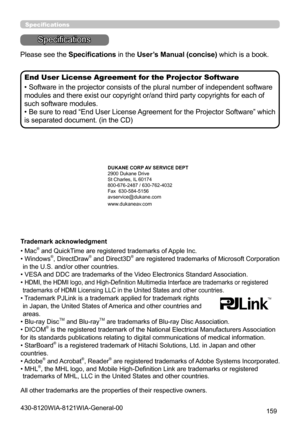 Page 159159
Specifications
Specifications
End User License Agreement for the Projector Software
• Software in the projector consists of the plural number of independent software 
modules and there exist our copyright or/and third party copyrights for each of 
such software modules.
• Be sure to read “End User License Agreement for the Projector Software” which 
is separated document. (in the CD)
Please see the Specifications in the User’s Manual (concise) which is a book.
Trademark acknowledgment
• 
 Mac® and...