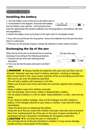 Page 2323
The tip of the pen
Interactive pen
Installing the batter y
Interactive pen
1. Turn the battery cover of the pen to the left to open it.
2. 
 As illustrated in the diagram, insert the AAA battery 
into the battery cover with the - end facing the front. 
(Use the appropriate AAA alkaline batteries (non-rechargeable) in accordance with laws 
and regulations.)
3. Attach the battery cover by turning it to the right until it is completely closed.
Exchanging the tip of  the pen
When the tip of the pen is...