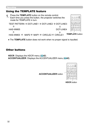 Page 3232
Operating
1.Press the TEMPLATE button on the remote control.   
Each time you press the button, the projector switches the 
mode for TEMPLATE in turn. 
Using the TEMPLATE feature
● The TEMPLATE button does not work when no proper signal is inputted.TEST PATTERN  DOT-LINE1  DOT-LINE2  DOT-LINE3
HAS-WM05                                                             DOT
-LINE4
HAS-WM03  
  MAP2  MAP1  CIRCLE2  CIRCLE1 TEMPLATE  button
CALIBRATION
KEYSTONE/
ASPECTACCENTUALIZERHDCR
AV MUTE...