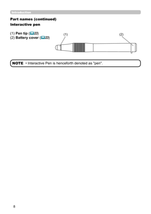 Page 88
Introduction
Part names (continued)
Interactive pen
(1) Pen tip (
23)
(2) Battery cover  (
23)(1)(2)
• Interactive Pen is henceforth denoted as "pen".
NOTE 