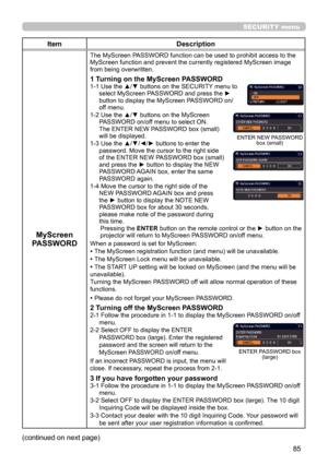 Page 8585
SECURITY menu
ItemDescription
MyScreen 
PASSWORD
The MyScreen PASSWORD function can be used to prohibit access to the 
MyScreen function and prevent the currently registered MyScreen image 
from being overwritten.
1 Turning on the MyScreen PASSWORD1-1  Use the ▲/▼ buttons on the SECURITY menu to 
select MyScreen PASSWORD and press the ► 
button to display the MyScreen PASSWORD on/
off menu.
1-2 
 Use the ▲/▼ buttons on the MyScreen 
PASSWORD on/off menu to select ON. 
The ENTER NEW PASSWORD box...