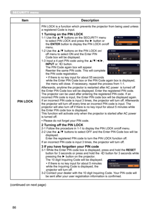 Page 8686
SECURITY menu
ItemDescription
PIN LOCK
PIN LOCK is a function which prevents the projector from being used unless 
a registered Code is input.
1 Turning on the PIN LOCK1-1  Use the ▲/▼ buttons on the SECURITY menu 
to select PIN LOCK and press the ► button or 
the ENTER button to display the PIN LOCK on/off 
menu.
1-2 
 Use the ▲/▼ buttons on the PIN LOCK on/
off menu to select ON and the Enter PIN 
Code box will be displayed. 
1-3 
 Input a 4 part PIN code using the ▲/▼/◄/►, 
INPUT or  button. 
The...