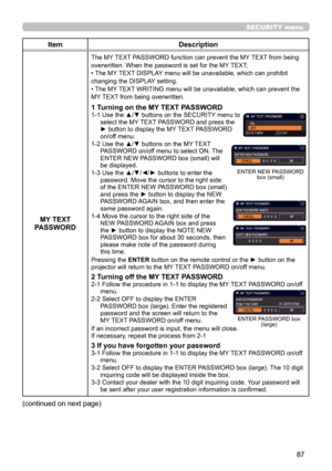 Page 8787
SECURITY menu
ItemDescription
MY TEXT 
PASSWORD
The MY TEXT PASSWORD function can prevent the MY TEXT from being 
overwritten. When the password is set for the MY TEXT;
• The MY TEXT DISPLAY menu will be unavailable, which can prohibit 
changing the DISPLAY setting.
• The MY TEXT WRITING menu will be unavailable, which can prevent the 
MY TEXT from being overwritten.
1 Turning on the MY TEXT PASSWORD1-1  Use the ▲/▼ buttons on the SECURITY menu to 
select the MY TEXT PASSWORD and press the 
► button...