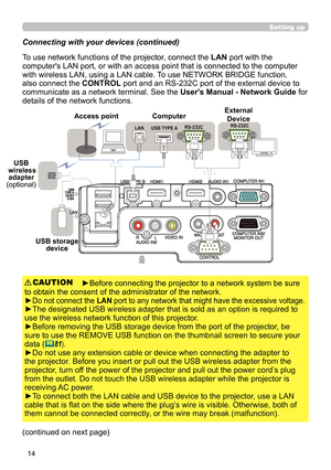 Page 1414
Setting up
USB storage device
Connecting with your devices (continued)
To use network functions of the projector, connect the LAN port with the 
computer's LAN port, or with an access point that is connected to the computer 
with wireless LAN, using a LAN cable. To use NETWORK BRIDGE function, 
also connect the  CONTROL port and an RS-232C port of the external device to 
communicate as a network terminal. See the  User's Manual - Network Guide for 
details of the network functions.
►Before...