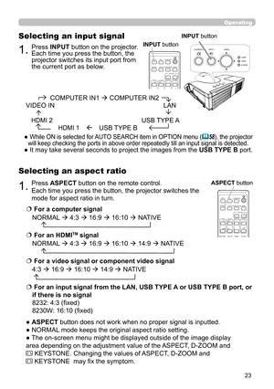 Page 2323
Operating
1.Press ASPECT button on the remote control.   
Each time you press the button, the projector switches the 
mode for aspect ratio in turn. 
Selecting an aspect ratio
● ASPECT button does not work when no proper signal is inputted.
● NORMAL mode keeps the original aspect ratio setting.
● The on-screen menu might be displayed outside of the image display 
area depending on the adjustment value of the ASPECT, D-ZOOM and                    
 KEYSTONE. Changing the values of ASPECT, D-ZOOM and...