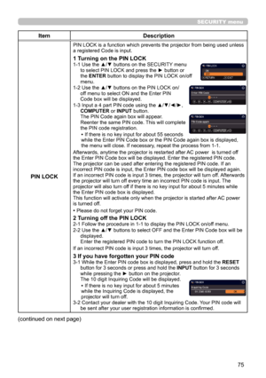 Page 7575
SECURITY menu
ItemDescription
PIN LOCK
PIN LOCK is a function which prevents the projector from being used unless 
a registered Code is input.
1 Turning on the PIN LOCK1-1  Use the ▲/▼ buttons on the SECURITY menu 
to select PIN LOCK and press the ► button or 
the ENTER button to display the PIN LOCK on/off 
menu.
1-2 
 Use the ▲/▼ buttons on the PIN LOCK on/
off menu to select ON and the Enter PIN 
Code box will be displayed. 
1-3 
 Input a 4 part PIN code using the ▲/▼/◄/►, 
COMPUTER or INPUT...