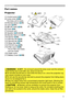 Page 55
Introduction
(1) Control panel (6)
(2) 
 Lamp cover (96) 
The lamp unit is inside.
(3) Remote sensor (
18)
(4) Lens (
101)
(5) 
 AC (AC inlet) (16)
(6) Ports (
6)
(7) Exhaust vent
(8) Speaker (
13, 22, 50)
(9) Elevator feet (x 2) (
24)
(10) Spacer (
24)
(11 ) Security slot (
16)
(12) Security bar (
16)
(13) Strap hole (
4)
(14) FOCUS ring (
25)
(15) 
 Filter cover (98) 
The air filter and intake 
vent are inside.
(16) Intake vents
(17) Battery Cover (
100)
►HOT! : Do not touch around the...