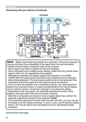 Page 1212
Connecting with your devices (continued)
• Before connecting the projector to a computer, consult the computer’s 
manual and check the compatibility of the signal level, the synchronization 
methods and the display resolution output to the projector. 
-  Some signal may need an adapter to input this projector.
-  Some computers have multiple screen display modes that may include some  signals which are not supported by this projector.
-  Although the projector can display signals with resolution up to...