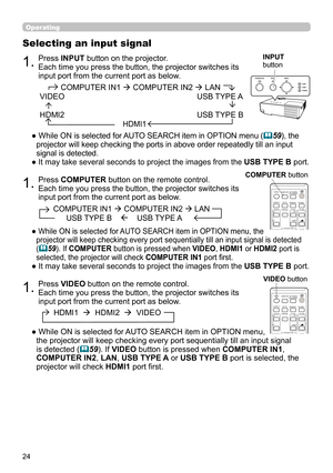 Page 2424
1.Press INPUT button on the projector. 
Each time you press the button, the projector switches its 
input port from the current port as below.
Selecting an input signal
●  While ON is selected for AUTO SEARCH item in OPTION menu (59), the 
projector will keep checking the ports in above order repeatedly till an input 
signal is detected.
● It may take several seconds to project the images from the USB TYPE B port.
               COMPUTER IN1  COMPUTER IN2  LAN 
    VIDEO...