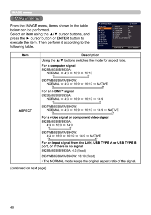 Page 4040
IMAGE menu
IMAGE menu
From the IMAGE menu, items shown in the table 
below can be performed.
Select an item using the ▲/▼ cursor buttons, and 
press the ► cursor button or ENTER button to 
execute the item. Then perform it according to the 
following table.
ItemDescription
ASPECT Using the ▲/▼ buttons switches the mode for aspect ratio. 
For a computer signal
8928B//8930B/8939A: 
      NORMAL 
ó 4:3 
ó 16:9 
ó 16:10  
              
8931WB/8938WA/8940W:  
      NORMAL 
ó 4:3 
ó 16:9 
ó 16:10 
ó NATIVE...