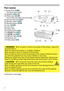 Page 44
Introduction
►Do not open or remove any portion of the product, unless the 
manuals direct it.
►Do not subject the projector to unstable conditions.
►Do not apply a shock or pressure to this product.
►Do not look into the lens and the openings on the projector while the lamp is 
on, since the projection ray may cause a trouble on your eyes.
►Keep any object away from concentrated projection light beam. Blocking the 
beam by something causes high temperature and could result in fire or smoke. WARNING...