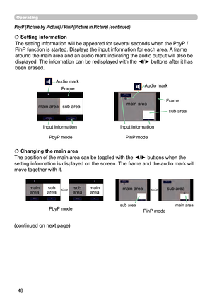 Page 4848
Operating
PbyP (Picture by Picture) / PinP (Picture in Picture) (continued)
The position of the main area can be toggled with the ◄/► buttons when the 
setting information is displayed on the screen. The frame and the audio mark will 
move together with it.  
 Changing the main area
main area sub 
areamain  area
sub 
area
The setting information will be appeared for several seconds when the PbyP  / 
PinP function is started. Displays the input information for each area. A frame 
around the main area...