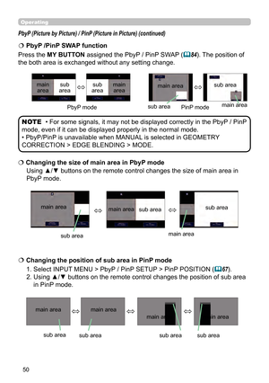 Page 5050
Operating
Using ▲/▼ buttons on the remote control changes the size of main area in 
PbyP mode.
 
 Changing the size of main area in PbyP mode
1. Select INPUT MENU > PbyP / PinP SETUP > PinP POSITION (
67). 
2. Using ▲/▼ buttons on the remote control changes the position of sub area    
    in PinP mode.
 
 Changing the position of sub area in PinP mode
main area
sub area main area
sub area
PbyP (Picture by Picture) / PinP (Picture in Picture) (continued)
• For some signals, it may not be displayed...