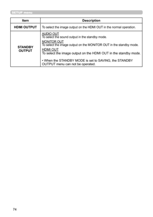 Page 7474
SETUP menu
ItemDescription
HDMI OUTPUT
To select the image output on the HDMI OUT in the normal operation.
STANDBY  OUTPUT
AUDIO OUT
To select the sound output in the standby mode. 
MONITOR OUT
To select the image output on the MONITOR OUT in the standby mode.
HDMI OUT
To select the image output on the HDMI OUT in the standby mode.
•  When the STANDBY MODE is set to SAVING, the STANDBY 
OUTPUT menu can not be operated. 