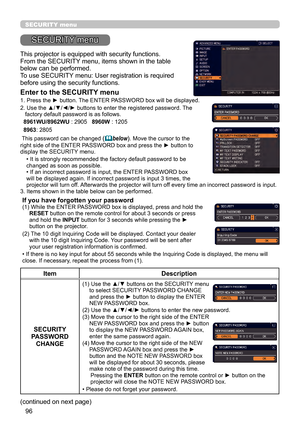 Page 9696
SECURITY menu
This projector is equipped with security functions.
From the SECURITY menu, items shown in the table 
below can be performed.
To use SECURITY menu: User registration is required 
before using the security functions.
Enter to the SECURITY menu
1.  Press the ► button. The ENTER PASSWORD box will be displayed.
2. 
 Use the ▲/▼/◄/► buttons to enter the registered password. The 
factory default password is as follows.
  8961WU/8962WU  : 2905   8960W : 1205
  8963: 2805
 This password can be...