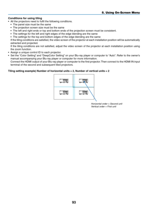 Page 10693
Conditions for using tiling
•	 All	the	projectors	need	to	fulfil	the	following	conditions.
•	 The	panel	size	must	be	the	same
•	 The	projection	screen	size	must	be	the	same
•	 The	left	and	right	ends	or	top	and	bottom	ends	of	the	projection	screen	must	be	consistent.
•	 The	settings	for	the	left	and	right	edges	of	the	edge	blending	are	the	same
•	 The	settings	for	the	top	and	bottom	edges	of	the	edge	blending	are	the	same
	 If	the	tiling	conditions	are	satisfied,	the	video	screen	of	the	projector	at...