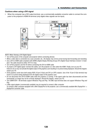 Page 141128
Cautions	when	using	a	DVI	signal
•	 When	the	computer	has	a	DVI	output	terminal,	use	a	commercially	available	converter	cable	to	connect	the	com-
puter	to	the	projector’s	HDMI	IN	terminal	(only	digital	video	signals	can	be	input).	
HDMI IN
NOTE:	When	Viewing	a	DVI	Digital	Signal
•	 Turn	off	the	power	of	the	computer	and	projector	before	connecting	devices.
•	 When	a	video	deck	is	connected	via	a	scan	converter,	etc.,	the	display	may	not	be	correct	during	fast-forwarding	and	rewinding.
•	 Use	a...