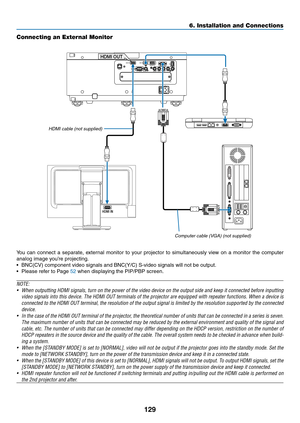 Page 142129
HDMI IN
HDMI OUT
Connecting an External Monitor
You	can	connect	a	separate,	external	monitor	to	your	projector	to	simultaneously	view	on	a	monitor	the	computer	
analog	image	you’re	projecting.
•	 BNC(CV)	component	video	signals	and	BNC(Y/C)	S-video	signals	will	not	be	output.
•	 Please	refer	to	Page	52	when	displaying	the	PIP/PBP	screen.
NOTE:
•	 When	outputting	HDMI	signals,	turn	on	the	power	of	the	video	device	on	the	output	side	and	keep	it	connected	before	inputting	
video	signals	into	this...