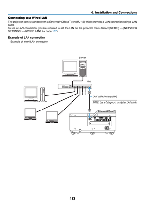 Page 146133
Connecting to a Wired LAN
The	projector	comes	standard	with	a	Ethernet/HDBaseT	port	(RJ-45)	which	provides	a	LAN	connection	using	a	LAN	
cable.	
To	use	a	LAN	connection,	you	are	required	to	set	the	LAN	on	the	projector	menu.	Select	[SETUP]	→	[NETWORK	
SETTINGS]	→	[WIRED	LAN].	(→	page	107).
Example of LAN connection
Example	of	wired	LAN	connection
Ethernet/HDBaseT
Server
Hub
LAN	cable	(not	supplied)
NOTE:	Use	a	Category	5	or	higher	LAN	cable.
6. Installation and Connections  