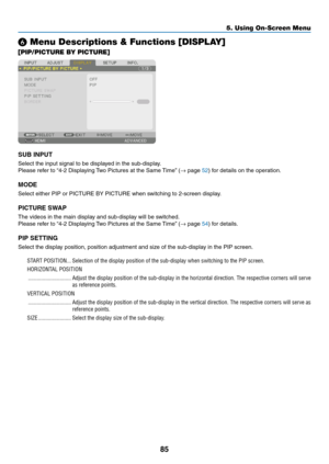 Page 9885
❻ Menu Descriptions & Functions [DISPLAY]
[PIP/PICTURE BY PICTURE]
SUB	INPUT
Select	the	input	signal	to	be	displayed	in	the	sub-display.
Please	refer	to	“4-2	Displaying	Two	Pictures	at	the	Same	Time”	(→	page	52)	for	details	on	the	operation.
MODE
Select	either	PIP	or	PICTURE	BY	PICTURE	when	switching	to	2-screen	display.
PICTURE	SWAP
The	videos	in	the	main	display	and	sub-display	will	be	switched.
Please	refer	to	“4-2	Displaying	Two	Pictures	at	the	Same	Time”	(→	page	54)	for	details.
PIP	SETTING...