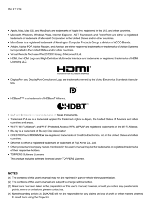 Page 2Ver. 2 11/14
•	 Apple,	Mac,	Mac	OS,	and	MacBook	are	trademarks	of	Apple	Inc.	registered	in	the	U.S.	and	other	countries.
•	 Microsoft,	Windows,	Windows	Vista,	Internet	Explorer,	.NET	Framework	and	PowerPoint	are	either	a	registered	
trademark	or	trademark	of	Microsoft	Corporation	in	the	United	States	and/or	other	countries.
•	 MicroSaver	is	a	registered	trademark	of	Kensington	Computer	Products	Group,	a	division	of	ACCO	Brands.
•	 Adobe,	Adobe	PDF,	Adobe	Reader,	and	Acrobat	are	either	registered...