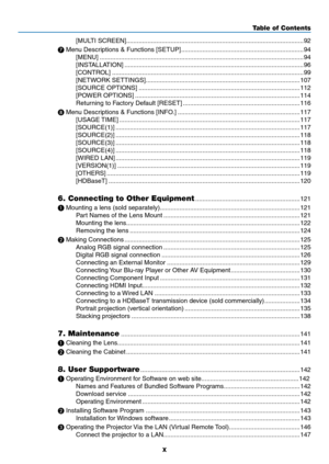 Page 12x
[MULTI	SCREEN]........................................................................\
............................92
❼
	Menu	Descriptions	&	Functions	[SETUP] .....................................................................94
[MENU]
 ........................................................................\
...........................................94
[INSTALLATION]
 ........................................................................\
.............................96
[CONTROL]...