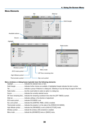 Page 4938
Menu Elements
Slide barSolid triangleTa b
Radio button
ECO mode symbol Wireless symbol
Menu windows or dialog boxes typically have the following elements:
Highlight
 �����������������������������Indicates the selected menu or item� 
Solid triangle ����������������������Indicates further choices are available� A highlighted triangle indicates the item is active� 
Ta b ��������������������������������������Indicates a group of features in a dialog box� Selecting on any tab brings its page to the front�...