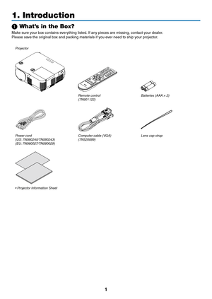 Page 121
1. Introduction
❶ What’s in the Box?
Make	sure	your	box	contains	everything	listed.	If	any	pieces	are	missing,	contact	your	dealer.
Please	save	the	original	box	and	packing	materials	if	you	ever	need	to	ship	your	projector.
Projector
Remote control(7N901122)Batteries (AAA × 2)
Power cord(US: 7N080240/7N080243)
(EU: 7N080027/7N080029)Computer cable (VGA)
(7N520089)
Lens cap strap
•	Projector Information Sheet 