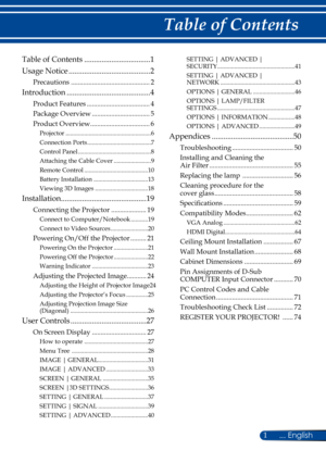 Page 81... English
Table of Contents
Table of Contents ..................................1
Usage Notice
  ..........................................2
Precautions  .............................................2
Introduction ...........................................4
Product Features ....................................4
Package Overview
  .................................5
Product Overview
  ..................................6
Projector  .......................................................6
Connection...