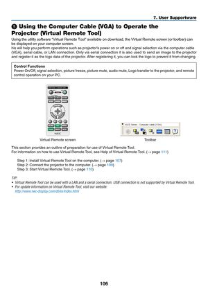 Page 119106
❺ Using the Computer Cable (VGA) to Operate the 
Projector (Virtual Remote Tool)
Using the utility software “Virtual Remote Tool” available on download, the Virtual Remote screen (or toolbar) can 
be displayed on your computer screen.
his	will	help	you	perform	operations	such	as	projector’s	power	on	or	off	and	signal	selection	via	the	computer	cable	
(VGA),	serial	cable,	or	LAN	connection.	Only	via	serial	connection	it	is	also	used	to	send	an	image	to	the	projector	
and	register	it	as	the	logo	data...