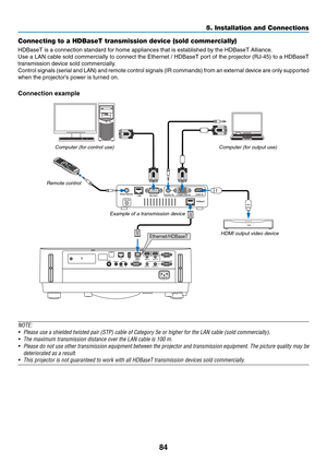 Page 9784
Connecting to a HDBaseT transmission device (sold commercially)
HDBaseT	is	a	connection	standard	for	home	appliances	that	is	established	by	the	HDBaseT	Alliance.
Use	a	LAN	cable	sold	commercially	to	connect	the	Ethernet	/	HDBaseT	port	of	the	projector	(RJ-45)	to	a	HDBaseT	
transmission	device	sold	commercially.
Control	signals	(serial	and	LAN)	and	remote	control	signals	(IR	commands)	from	an	external	device	are	only	supported	
when	the	projector’s	power	is	turned	on.
Connection example...