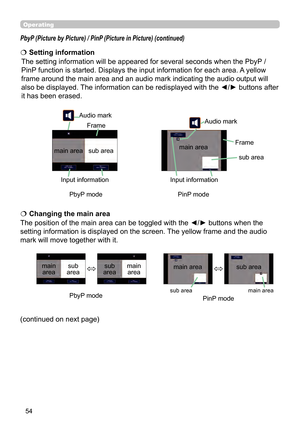 Page 5454
Operating
PbyP (Picture by Picture) / PinP (Picture in Picture) (continued)
The position of the main area can be toggled with the ◄/► buttons when the 
setting information is displayed on the screen. The yellow frame and the audio 
mark will move together with it.  
 Changing the main area
main area sub 
areamain  area
sub 
area
The setting information will be appeared for several seconds when the PbyP  / 
PinP function is started. Displays the input information for each area. A yellow 
frame around...