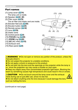 Page 44
Introduction
►Do not open or remove any portion of the product, unless the 
manuals direct it.
►Do not subject the projector to unstable conditions.
►Do not apply a shock or pressure to this product.
►Do not look into the lens and the openings on the projector while the lamp is 
on, since the projection ray may cause a trouble on your eyes.
►Keep any object away from concentrated projection light beam. Blocking the 
beam by something causes high temperature and could result in fire or smoke. WARNING...