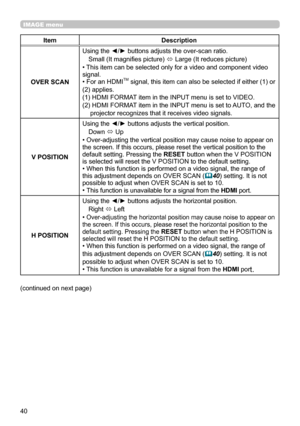 Page 4040
IMAGE menu
ItemDescription
OVER SCAN Using the ◄/► buttons adjusts the over-scan ratio.
Small (It magnifies picture)  ó Large (It reduces picture)
• This item can be selected only for a video and component video 
signal.
• For an HDMI
TM signal, this item can also be selected if either (1) or 
(2) applies. 
(1) HDMI FORMAT item in the INPUT menu is set to VIDEO.
(2) 
 HDMI FORMAT item in the INPUT menu is set to AUTO, and the 
projector recognizes that it receives video signals.
V POSITION Using the...