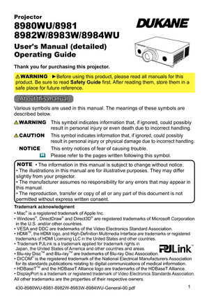 Page 11
Projector
8980WU/8981
8982W/8983W/8984WU
User's Manual (detailed)  
Operating Guide
Thank you for purchasing this projector.►Before using this product, please read all manuals for this 
product. Be sure to read Safety Guide first. After reading them, store them in a 
safe place for future reference. WARNING
NOTE
Trademark acknowledgment
Various symbols are used in this manual. The meanings of these symbols are 
described below. 
About this manual
WARNING
CAUTION
This symbol indicates information...