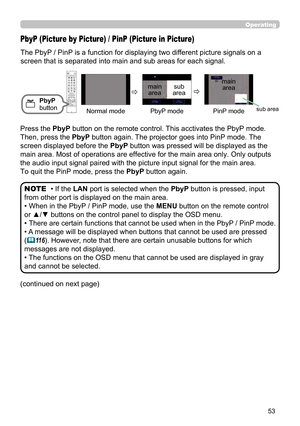 Page 5353
Operating
The PbyP / PinP is a function for displaying two different picture signals on a 
screen that is separated into main and sub areas for each signal. 
PbyP (Picture by Picture) / PinP (Picture in Picture)
PbyP 
button
• If the LAN port is selected when the  PbyP button is pressed, input 
from other port is displayed on the main area.
• When in the PbyP / PinP mode, use the MENU button on the remote control 
or ▲/▼ buttons on the control panel to display the OSD menu.
• 
There are certain...