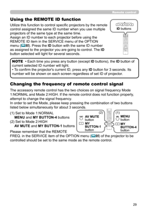 Page 2929
Remote control
Changing the frequency of  remote control signal
The accessory remote control has the two choices on signal frequency Mode 
1:NORMAL and Mode 2:HIGH. If the remote control does not function properly, 
attempt to change the signal frequency.
In order to set the Mode, please keep pressing the combination of two buttons 
listed below simultaneously for about 3 seconds.
(1)
  Set to Mode 1:NORMAL 
MENU and MY BUTTON-4 buttons 
(2)
  Set to Mode 2:HIGH 
AV MUTE and MY BUTTON-1 buttons
Please...