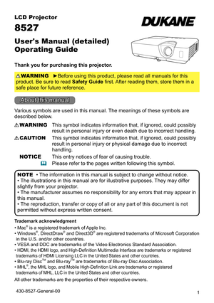 Page 11
LCD Projector
User's Manual (detailed) 
Operating Guide
Thank you for purchasing this projector.►Before using this product, please read all manuals for this 
product. Be sure to read Safety Guide first. After reading them, store them in a 
safe place for future reference. WARNING
• The information in this manual is subject to change without notice.
• The illustrations in this manual are for illustrative purposes. They may differ 
slightly from your projector.
• The manufacturer assumes no...