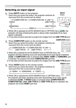 Page 2424
1.Press INPUT button on the projector. 
Each time you press the button, the projector switches its 
input port from the current port as below.
Selecting an input signal
●  While ON is selected for AUTO SEARCH item in OPTION menu (59), the 
projector will keep checking the ports in above order repeatedly till an input 
signal is detected.
● It may take several seconds to project the images from the USB TYPE B port.
               COMPUTER IN1  COMPUTER IN2  LAN 
    VIDEO...