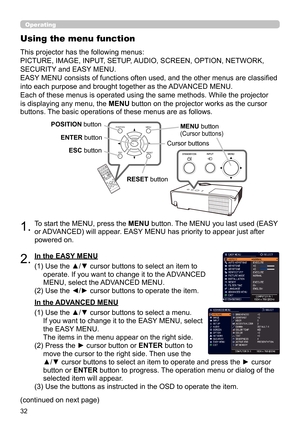 Page 3232
Operating
1.To start the MENU, press the MENU button. The MENU you last used (EASY 
or ADVANCED) will appear. EASY MENU has priority to appear just after 
powered on.
Using the menu function
2.(1)  Use the ▲/▼ cursor buttons to select an item to 
operate. If you want to change it to the ADVANCED 
MENU, select the ADVANCED MENU.
(2) 
 Use the ◄/► cursor buttons to operate the item.
This projector has the following menus:  
PICTURE, IMAGE, INPUT, SETUP, AUDIO, SCREEN, OPTION, NETWORK, 
SECURITY and...