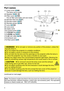 Page 44
Introduction
►Do not open or remove any portion of the product, unless the 
manuals direct it.
►Do not subject the projector to unstable conditions.
►Do not apply a shock or pressure to this product.
►Do not look into the lens and the openings on the projector while the lamp is 
on, since the projection ray may cause a trouble on your eyes.
►Keep any object away from concentrated projection light beam. Blocking the 
beam by something causes high temperature and could result in fire or smoke. WARNING...