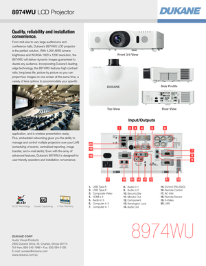 Page 3Quality, reliability and installation 
convenience.
From mid-size to very large auditoriums and 
conference halls, Dukane’s 8974WU LCD projector 
is the perfect solution. With 4,200 ANSI lumens 
brightness and WUXGA 1920 x 1200 resolution, the 
8974WU will deliver dynamic images guaranteed to 
dazzle any audience. Incorporating Dukane’s leading-
edge technology, the 8974WU features high contrast 
ratio, long lamp life, picture by picture so you can 
project two images on one screen at the same time, a...