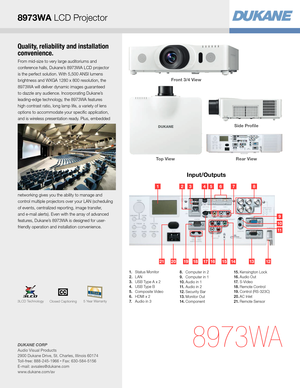 Page 3Quality, reliability and installation 
convenience.
From mid-size to very large auditoriums and 
conference halls, Dukane’s 8973WA LCD projector 
is the perfect solution. With 5,500 ANSI lumens 
brightness and WXGA 1280 x 800 resolution, the 
8973WA will deliver dynamic images guaranteed 
to dazzle any audience. Incorporating Dukane’s 
leading-edge technology, the 8973WA features 
high contrast ratio, long lamp life, a variety of lens 
options to accommodate your specific application, 
and is wireless...