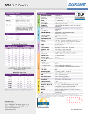 Page 4Accessories and Lenses
Supplied   
Accessories Remote control, power cord, computer 
cable, user’s manual, security label, 
 
application CD, adapter cover
Optional  
Accessories USBWL11N USB wireless adapter,
MS-1 wired multifunction switcher, 
 
MS-1WL wireless multifunction switcher
Optional Lenses 6 optional lenses are available: USL901,  
SL902, SD903X, ML904, LL905, UL906.  
An optional short zoom lens developed by 
Dukane offers powered zoom, powered 
focus and adequate lens shift. This lens...