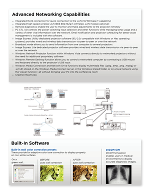 Page 2Built-In Software
DICOM SIM  
DICOM Simulation 
enables users in medical 
environments to display 
accurate diagnostic images.
On a  
green wall...BEFORE  
auto wall correction AFTER  
auto wall correction
Built-in wall color correction presets 
These provide for adaptive color tone correction to display properly  
on non-white surfaces.
Advanced Networking Capabilities
• 
Integrated RJ45 connection for quick connection to the LAN (10/100 base-T capability)
•  Integrated high-speed wireless LAN IEEE...