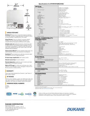 Page 4     UNIQUE FEATURES 
3D Reform™ allows you to square the image by adjusting 
horizontally, vertically or diagonally when the projector cannot 
be placed parallel or perpendicular to the screen
Virtual Remote Used via a network connection (wired/
wireless), you can control the projector directly from a 
computer without the need for additional control cables.
Variable audio-out enables the remote control to be used 
to adjust volume of self-powered external speakers that are 
connected to the projector....