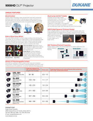 Page 2UNIQUE FEATURES
AccentualizerDukane original technology makes pictures look more real by enhancing 
sharpness, gloss and shade to make pictures as clear as pictures on a 
flat-panel device. You can also adjust the effects by three levels according 
to your surroundings so that the colors of projected images are the actual 
colors of the  
objects they  
represent.     Sharpness GlossShade
Built-in Dual Color WheelTwo color wheels are built in to match usage conditions. By switching the 
color wheel, you...