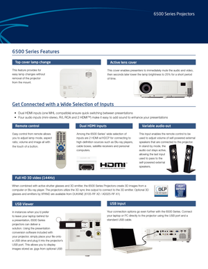 Page 36500 Series Features
Get Connected with a Wide Selection of Inputs
•Dual HDMI inputs (one MHL compatible) ensure quick switching between presentations
•
Four audio inputs (mini-ster
 eo, R/L RCA and 2 HDMI™) make it easy to add sound to enhance your p\
resentations
Active lens cover
This cover enables presenters to immediately mute the audio and video, 
then seconds later lower the lamp brightness to 25% for a short period 
of time.
USB Viewer
In instances when you’d prefer 
to leave your laptop behind...